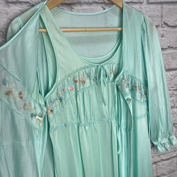 Vintage Texsheen Peignoir Nightgown Set Teal Blue Size M Shiny Long Floral 60/70 - Picture 5 of 14